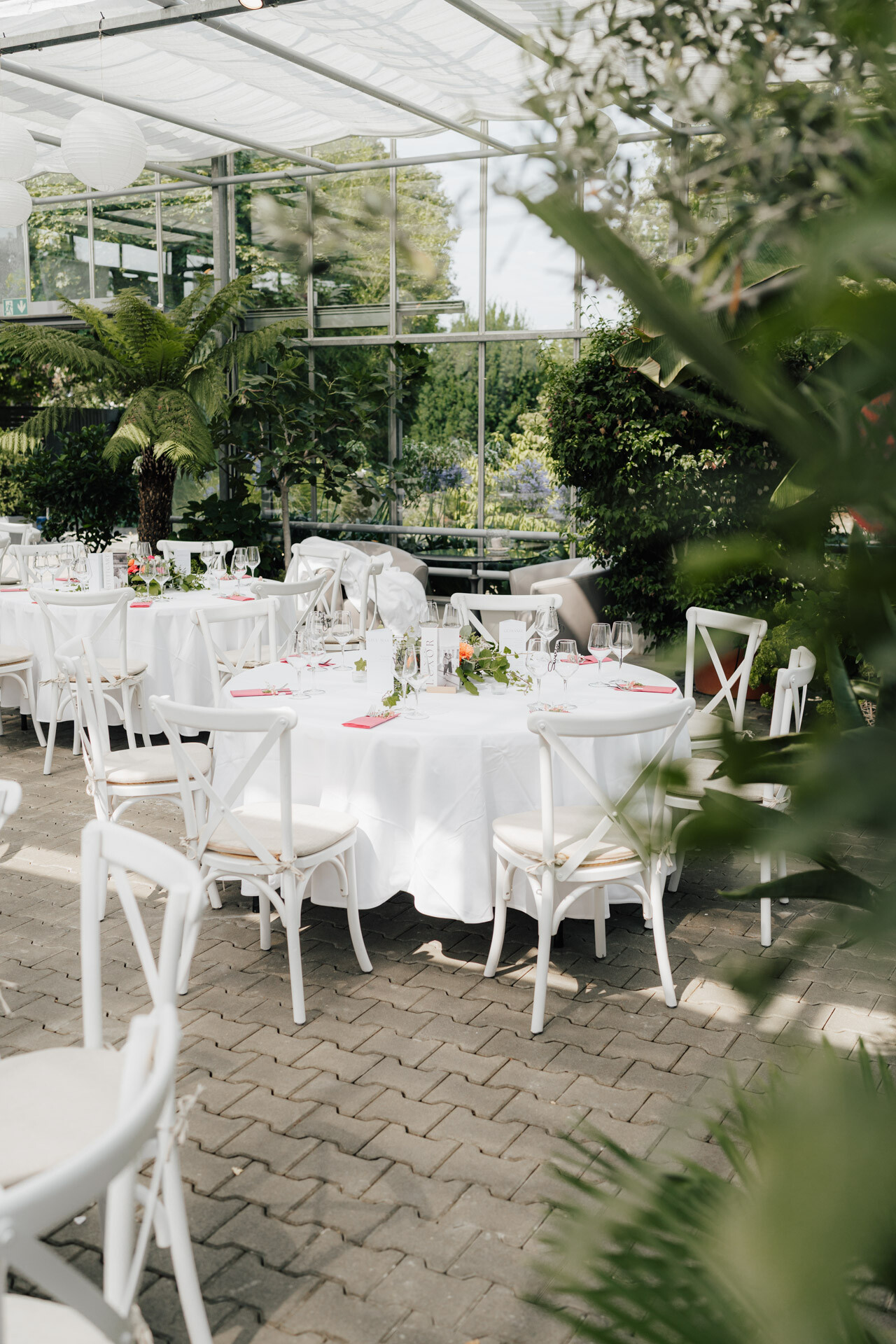 Elegante Tische mit weißen Tischtüchern und Stühlen für eine Veranstaltung im hellen Gewächshaus Hochzeit im Plangarten Leinfelden-Echterdingen, umgeben von üppigem Grün und natürlichem Licht.