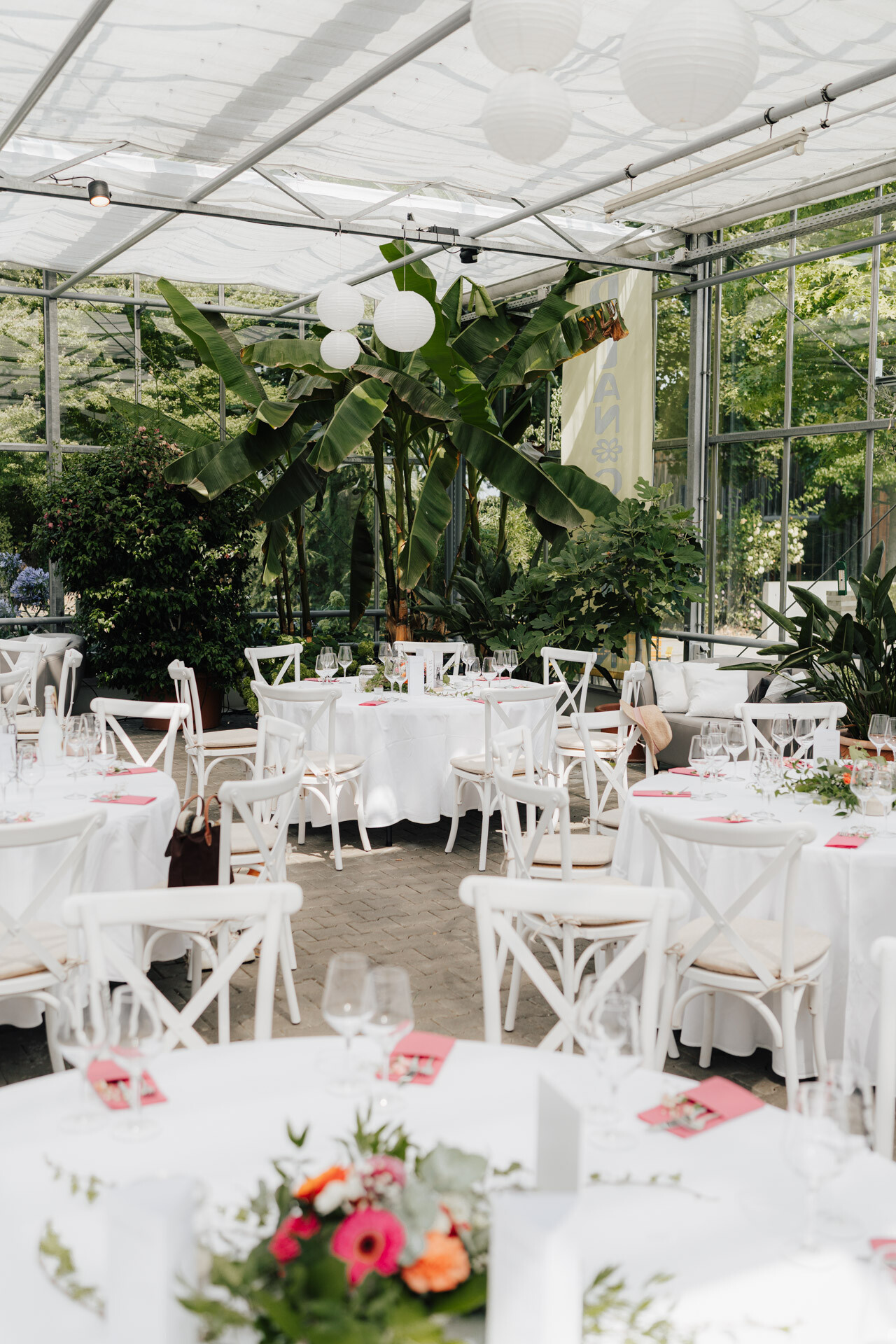Ein heller, eleganter Veranstaltungsraum im Plangarten Leinfelden-Echterdingen mit runden Tischen, weißen Tischdecken, rosafarbenen Menüs und floralen Tafelaufsätzen. Grünpflanzen und große Fenster lassen eine frische Gewächshaus-Hochzeitsatmosphäre unter weißen Papierlaternen entstehen.